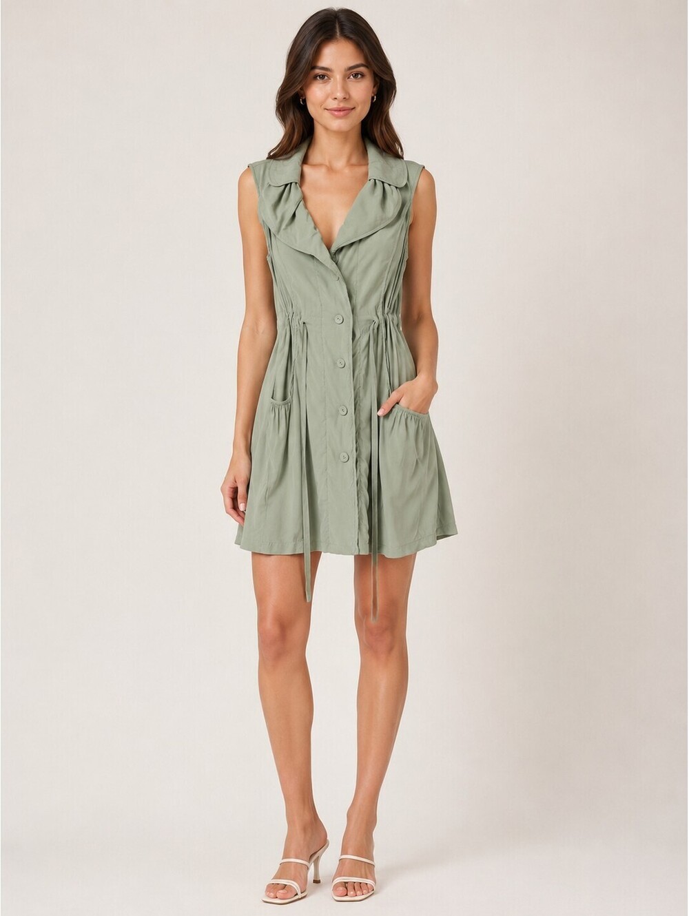 Marciano Silk Shirt Dress Sage Green Sleeveless Utility Button Front XS